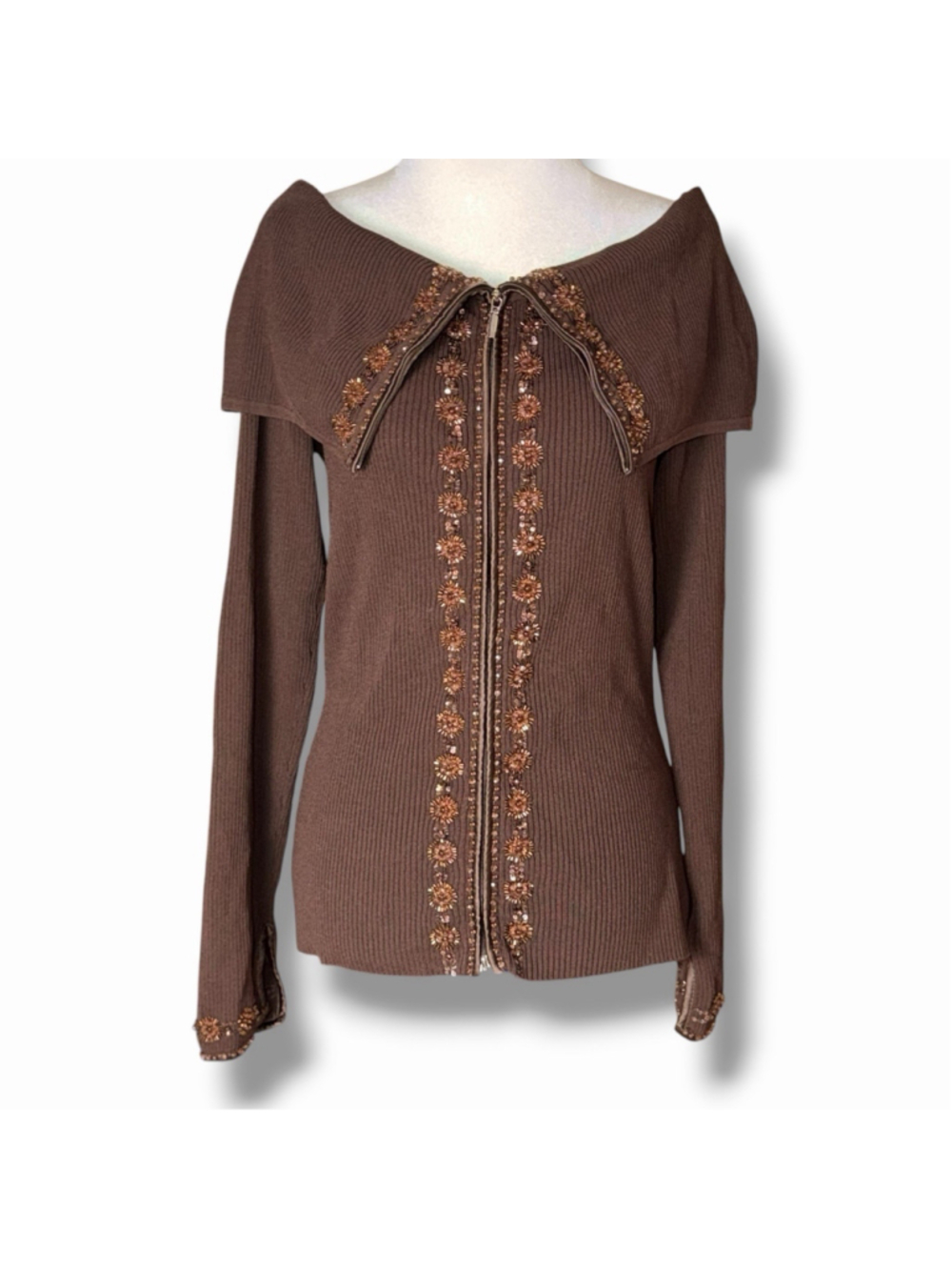 Cache Y2K 90s Brown LG Gabrielle Solis Off Shoulder Beaded Zip Up Sweater Ribbed
